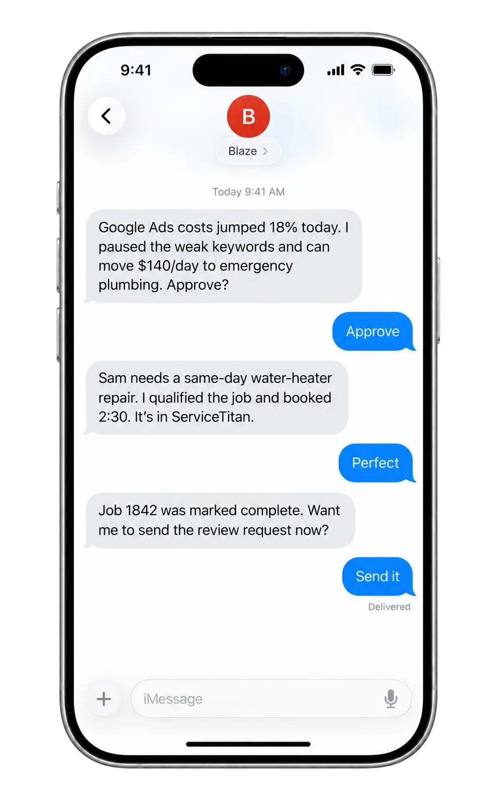 A Blaze text conversation showing approvals and completed work