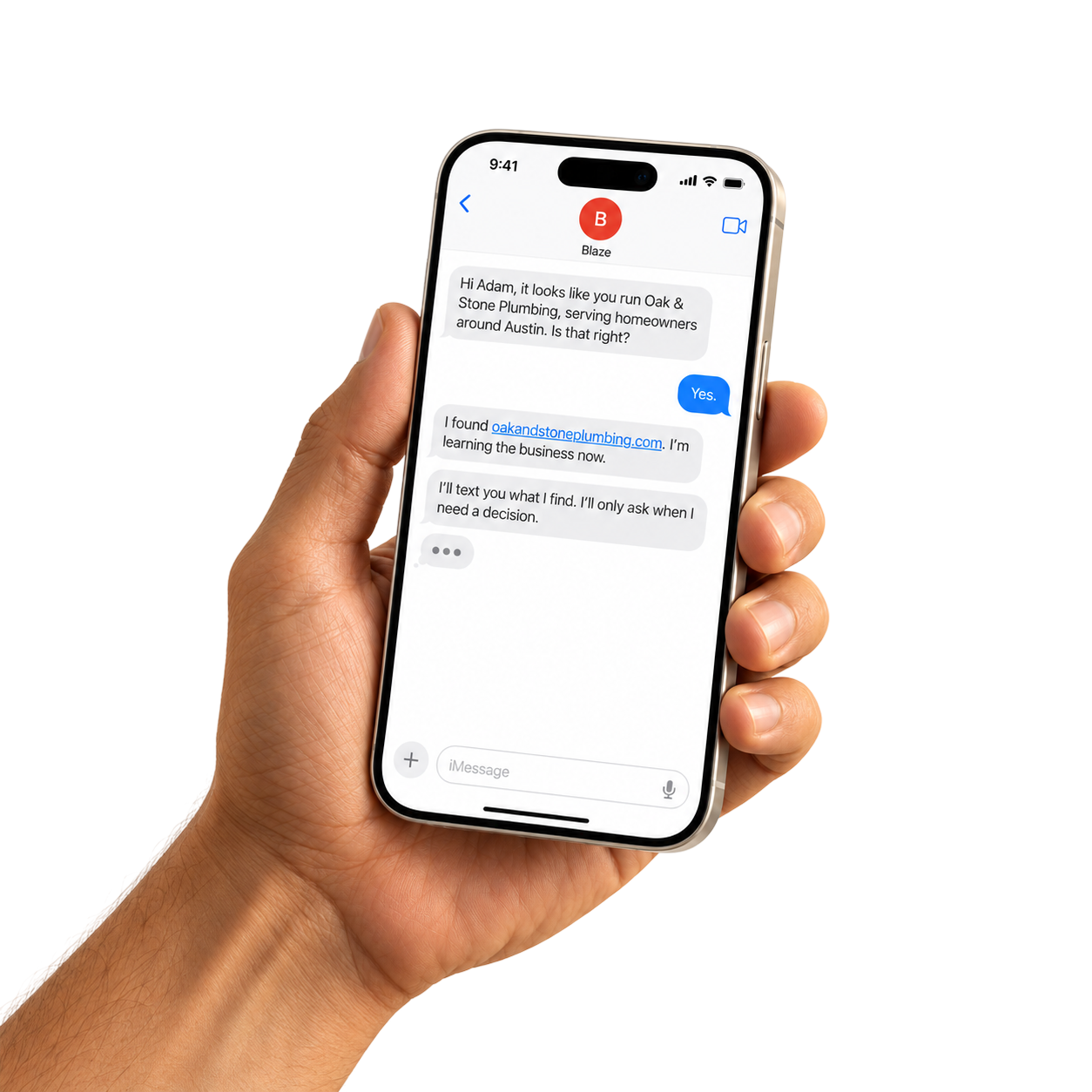 A hand holding a phone with a Blaze text conversation