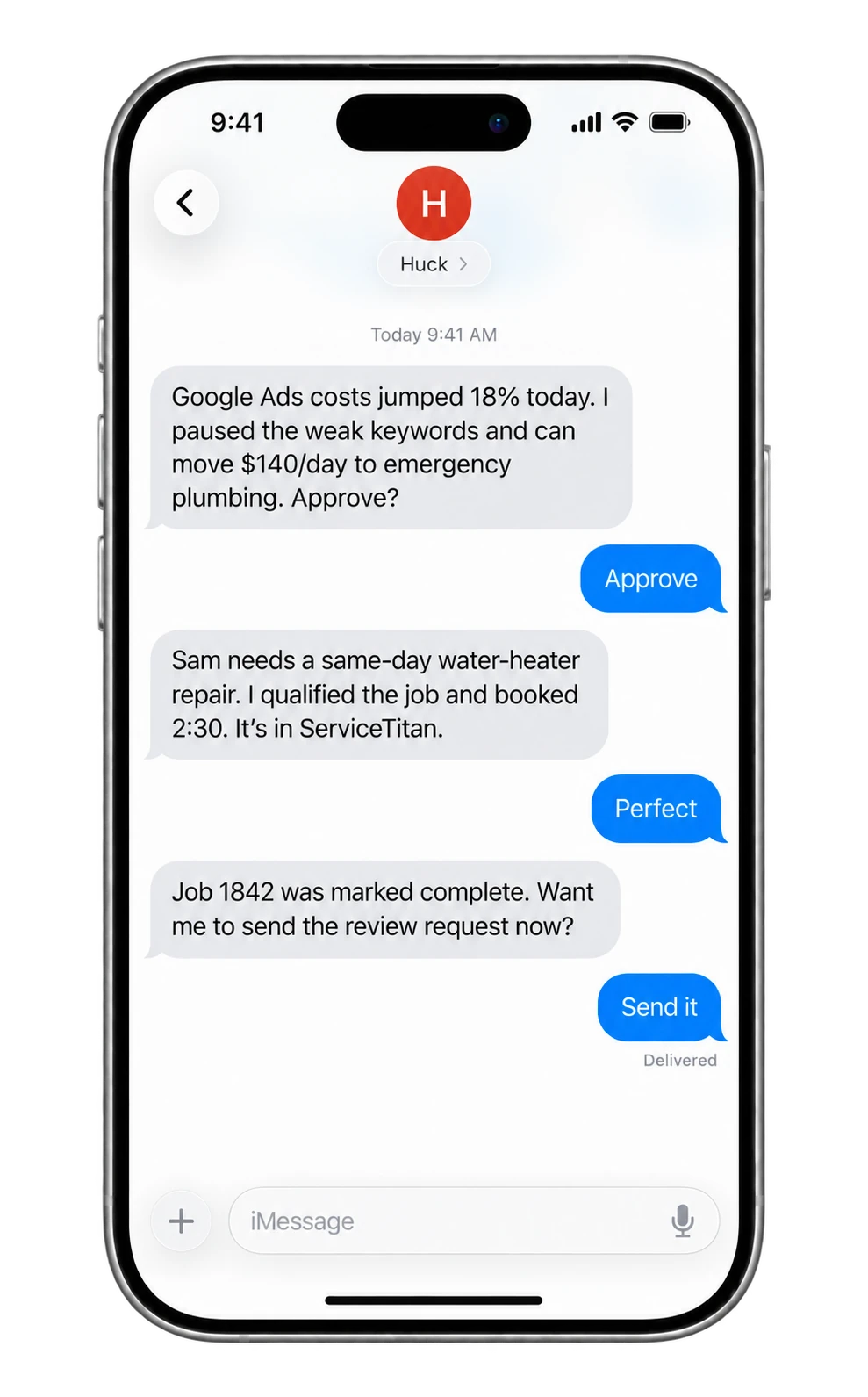 A Huck text conversation showing approvals and completed work